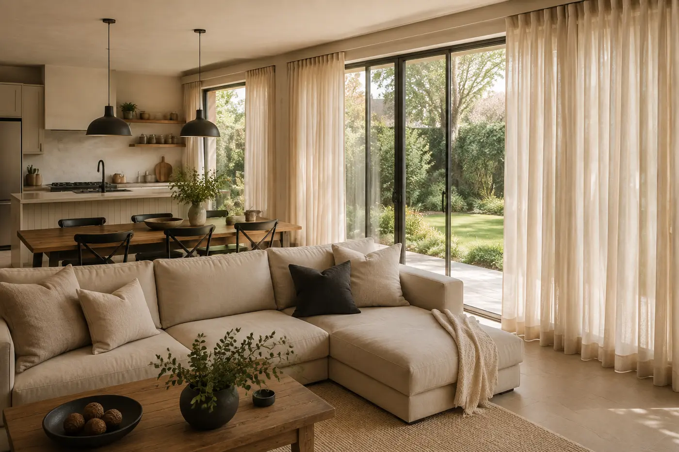 סלון כפרי Garden Linen עם וילונות