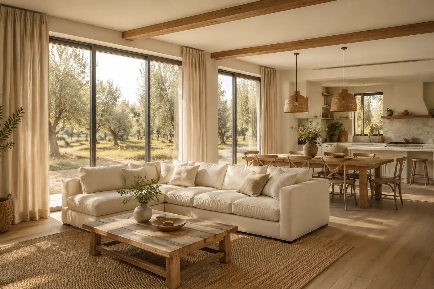 סלון כפרי Olive House עם וילונות