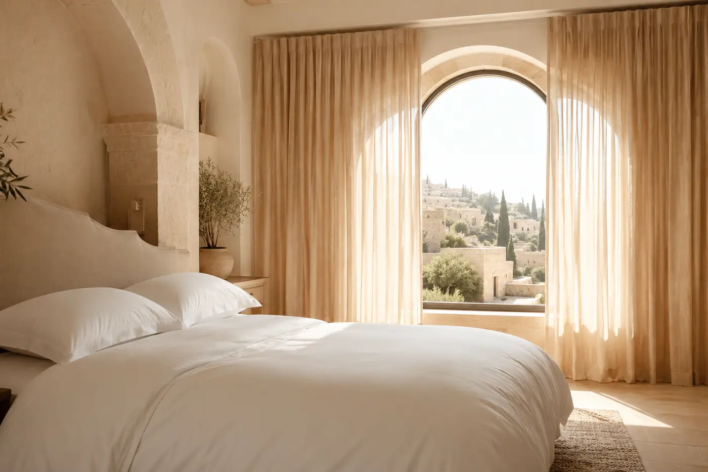 חדר שינה Ivory Heritage עם וילונות לבן צחור